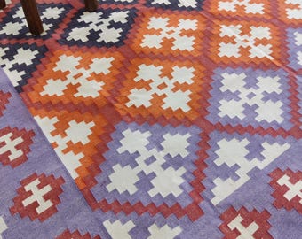 Modern Handmade Cotton Area Rug, Geometric Multicolor Natural Vegetable Dyed Eco Friendly Wall Tapestry, Indian Dhurrie Reversible Rug