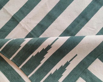 Puede incluir: Una alfombra doblada con un patrón repetitivo de rayas diagonales anchas en blanco y verde azulado. La esquina de la alfombra está doblada, revelando un borde decorativo con un diseño en zigzag. La alfombra parece estar hecha de tela tejida.