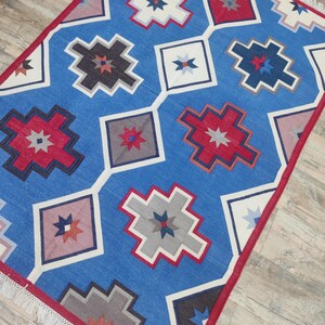 Bohemian Cotton Flatweave Rug, Handwoven Blue Rug, Geometric Cotton Dhurrie, Bohemian Area Rug, Modern Home Decor, Unique Artisan Carpet