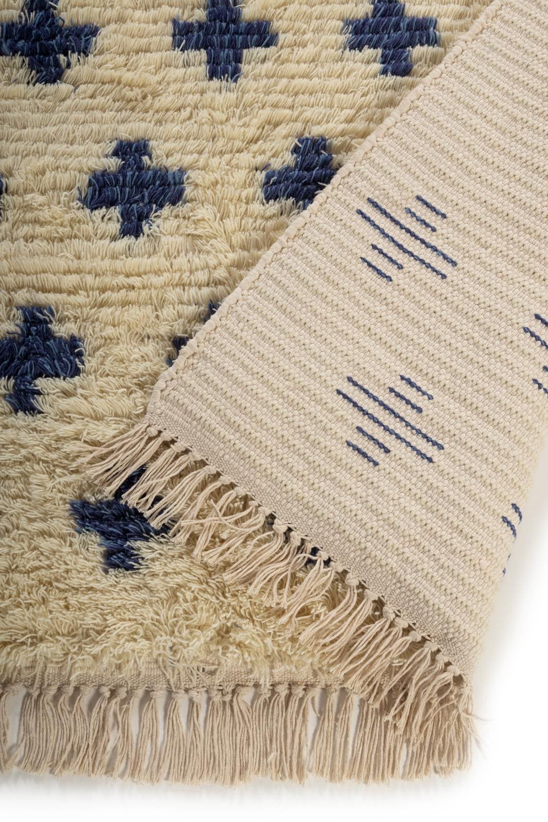 手織りモロッコラグ、ブルー＆クリームベルベルエリアラグ、本物の