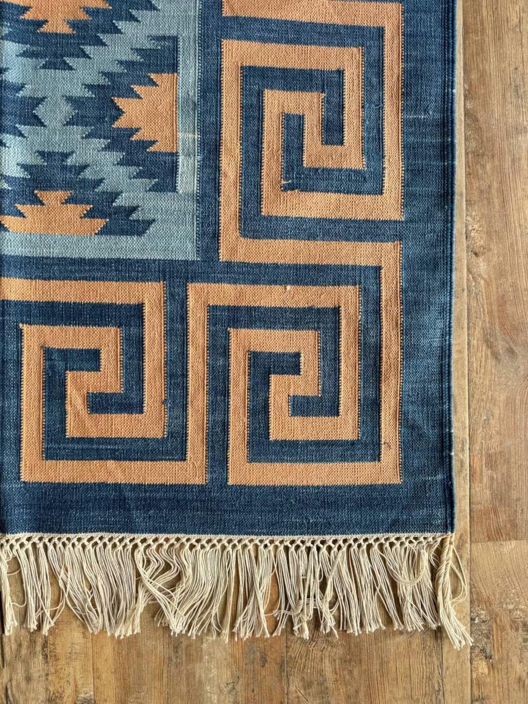 Handmade Geometric Kilim Rug | Blue & Orange Cotton Dhurrie | Tribal ...