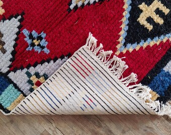 Red Moroccan Runner Rug | Hand-Knotted Tribal Kilim | Vintage Berber Floor Mat | Unique Geometric Home Decor | Bohemian Style Rug