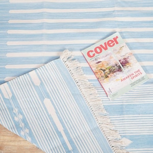 White And Light Blue Cotton Handmade Modern Stripes Rug- Flat weave and Hand woven, 5x8 Ft flatweave Rug For Bedroom And Dining Room