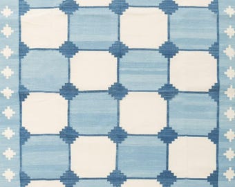Alfombra Kilim Geométrica Azul, Dhurrie de Algodón Tejido a Mano, Alfombra Escandinava, Alfombra Moderna de Tejido Plano, Alfombra de Estilo Nórdico, Decoración Minimalista Boho