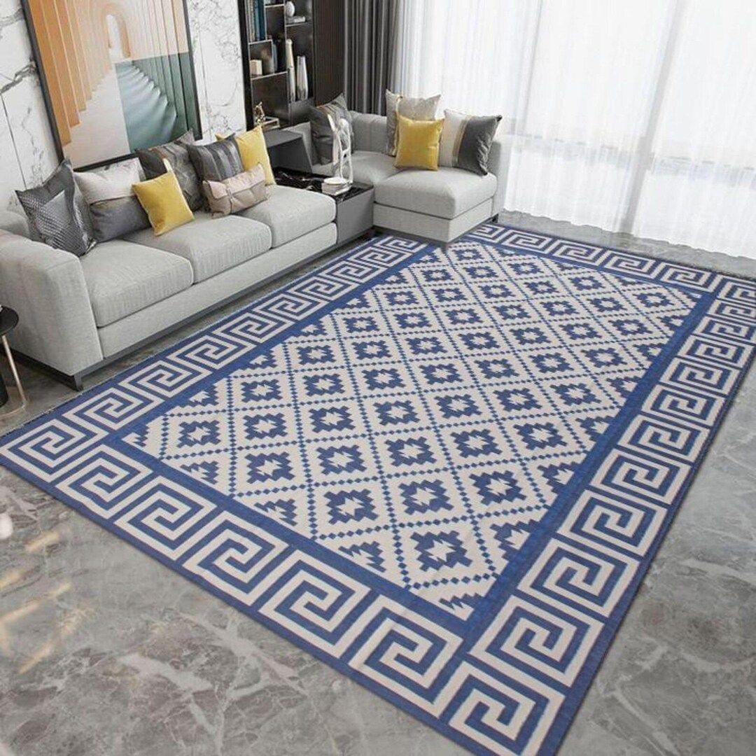 Handmade Cotton Dhurrie Rug, Indigo Blue Geometric Flatweave, Custom ...