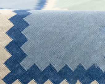 Pode incluir: Close-up de um tecido estampado azul e branco. O tecido apresenta um design em zigue-zague repetido em tons de azul claro, azul médio e branco. A textura do tecido é visível, sugerindo um material tecido. A estética geral é limpa e moderna.