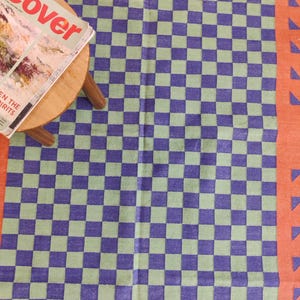 Tappeto in cotone a trama piatta a quadri blu e verdi, tappeto con motivo geometrico, tappeti per camera da letto, tappeto per soggiorno fatto a mano, 7×9 piedi grande piccolo