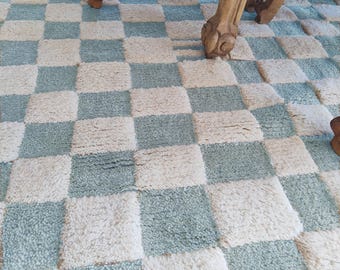 Blue & White Checkerboard Rug, Moroccan Beni Ourain Style, Hand-Knotted Wool Berber Rug