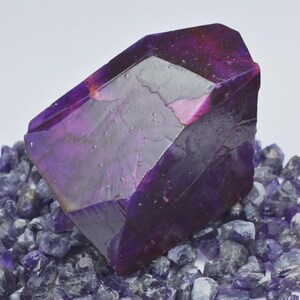 Op de afbeelding: Een grote, gefacetteerde paarse kristal met een diepe, rijke kleur, rustend op een bed van kleinere, vergelijkbare kristallen. Het hoofdkristal heeft een gepolijst, reflecterend oppervlak, dat de geometrische structuur en interne diepte laat zien.