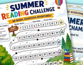 Kids Summer Reading Challenge Printable, Reading Log & Book Tracker for Children, Homeschool Summer Activity PDF, kids 50 Book Challenge