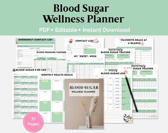 Printable Blood Sugar & Wellness Planner Bundle | Diabetes Log Book | Glucose Tracker, Medical Records, Meal Planner | Health Journal PDF