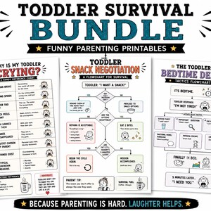 May include: A bundle of three parenting printables with the text "TODDLER SURVIVAL BUNDLE" and "FUNNY PARENTING PRINTABLES". The charts cover toddler crying, snack negotiation, and bedtime delay tactics. The illustrations are in black and white.