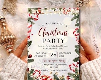 May include: A Christmas party invitation with a festive design. The invitation features the text "YOU ARE INVITED TO Christmas PARTY" in a decorative font. Candy canes, Christmas trees, and string lights adorn the edges. The date is December 25, 2025.