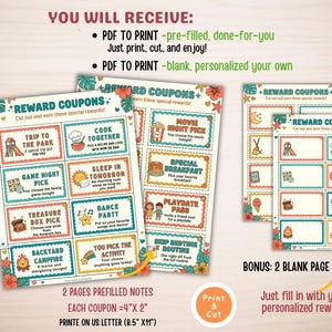 May include: Reward coupons with colorful illustrations and text, including "Trip to the Park" and "Movie Night Pick." The coupons are designed to be printed and cut, with a bonus of two blank pages. Each coupon measures 4" x 2".