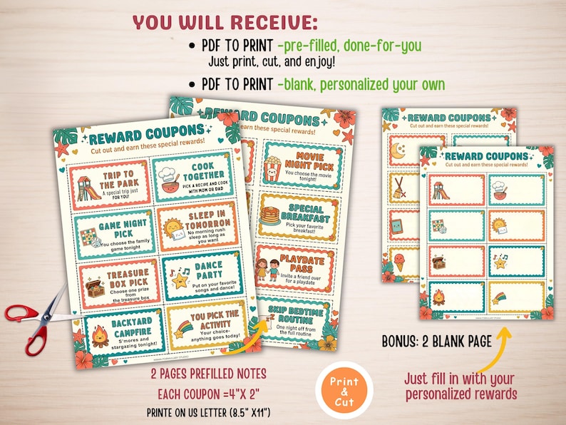 May include: Reward coupons with colorful illustrations and text, including "Trip to the Park" and "Movie Night Pick." The coupons are designed to be printed and cut, with a bonus of two blank pages. Each coupon measures 4" x 2".