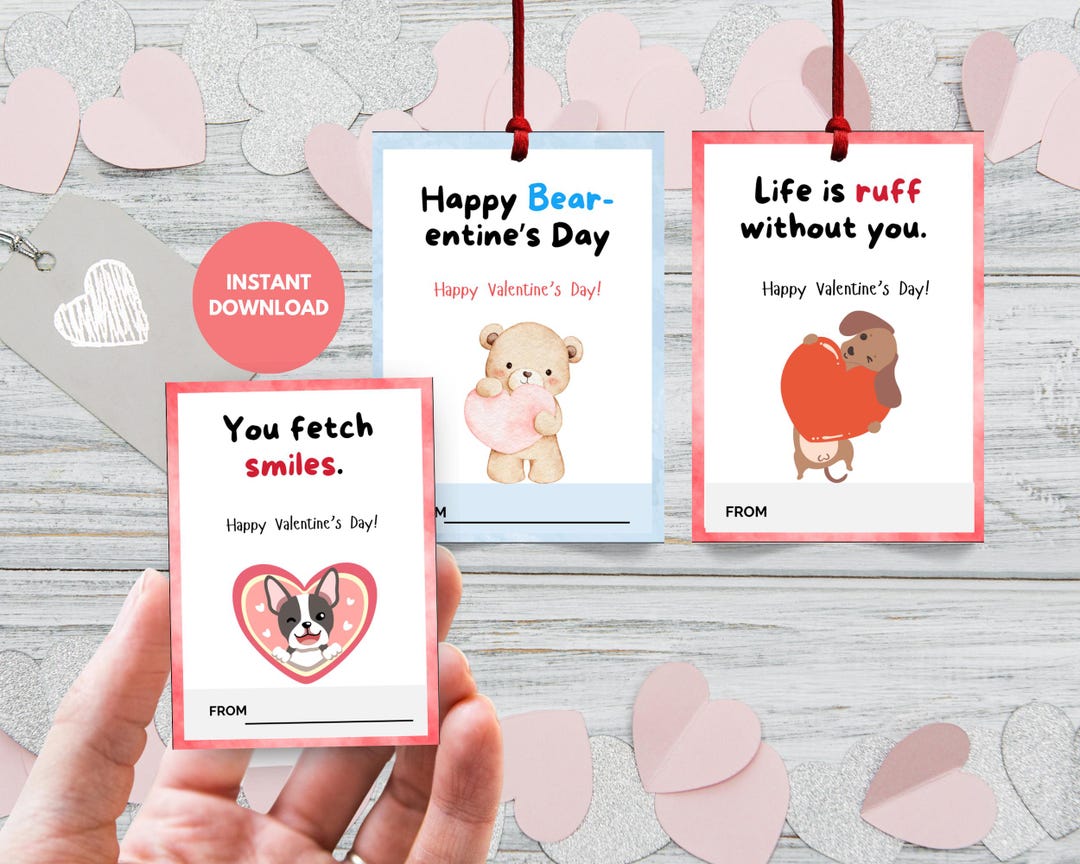12 Printable Animal Valentine Cards Bundle, Cat Dog Bear Pun Classroom ...