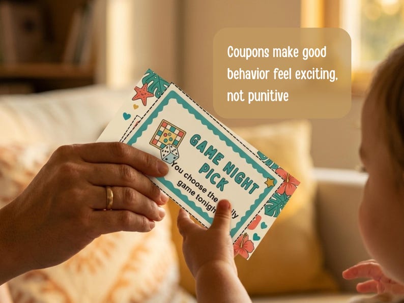 May include: A person holding a "Game Night Pick" coupon card with a dice and board game graphic. The card has a teal border with floral and starfish accents. The text "Coupons make good behavior feel exciting, not punitive" is also visible.