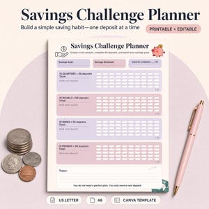 Spar-Challenge-Planer: Ausdruckbarer Münzzähler, Einlage zum Bargeldeinstecken, 50-Tage-Einzahlungs-Challenge, US Letter, A4, A6, bearbeitbare Canva-Vorlage