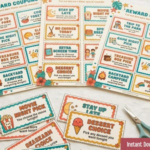 May include: Colorful reward coupons with various activity options like "Trip to the Park" and "Movie Night Pick." The coupons feature illustrations and text, with a pair of scissors and the words "Instant Download" visible.