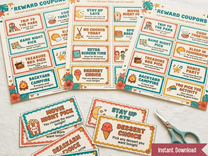 May include: Colorful reward coupons with various activity options like "Trip to the Park" and "Movie Night Pick." The coupons feature illustrations and text, with a pair of scissors and the words "Instant Download" visible.