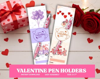 Valentine Pen Holders Printable, Classroom Valentine Pen Sleeve Tag, Instant Download Pencil Holder Cards, Kids Classroom Gift Tags