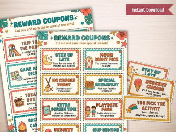 Kids Coupon Book Printable, Toddler Reward System, Summer Chore Chart Rewards, Custom Kids Vouchers, Screen Time Coupons, US Letter PDF