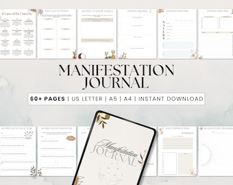 May include: A digital manifestation journal with a soft, neutral color palette. The cover features the words "Manifestation Journal" with floral accents. The journal includes pages for various exercises, including thought patterns, gratitude, and daily mindfulness. The journal is available in US Letter, A5, and A4 sizes.