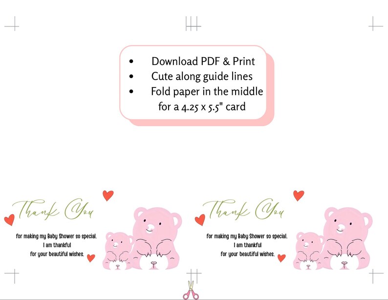 Printable Baby Shower Thank You Card | Cute Pink Bears | Digital ...