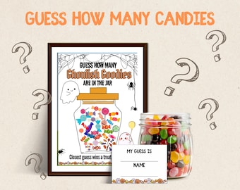 Juego de adivinanzas de dulces de Halloween, juego imprimible de adivinanzas de dulces de Halloween, actividad para fiestas de otoño para niños y adultos, juego de Halloween para el aula