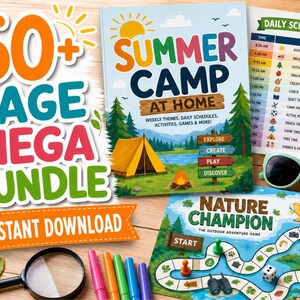 Op de afbeelding: Een kleurrijke bundel zomerkampactiviteiten, waaronder een boekje met een tentillustratie, een dagschema en een bordspel. De tekst bevat "Summer Camp At Home", "Nature Champion" en "60+ Page Mega Bundle".
