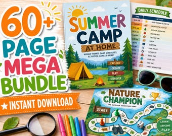 Ultimate Summer Camp at Home Mega Bundle,60+ Page Kids Activity Pack,Printable Summer Planner, Nature Board Game, Reading Challenge, digital