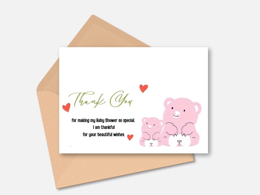 Printable Baby Shower Thank You Card | Cute Pink Bears | Digital ...