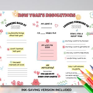 May include: A white New Year's Resolutions printable with colourful text and graphics. Sections include "Looking Back at 2025" and "Looking Forward to 2026", with space to write goals and reflections. Includes coloured pencils.
