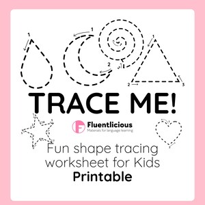 May include: A white worksheet with black dotted lines forming shapes for tracing, including a teardrop, crescent, spiral, triangle, star, and heart. The text "TRACE ME!" is prominently displayed, along with "Fun shape tracing worksheet for Kids Printable."