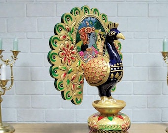 木製孔雀　インド製　置物　インテリア　装飾品 木製のカラフルな孔雀の彫刻、装飾品、木彫り、手描きの孔雀、インドの