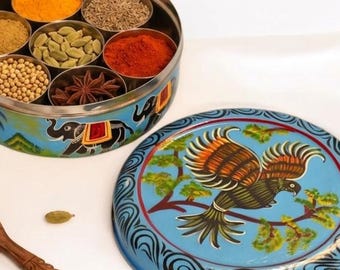 Pudełko na przyprawy Masala Dabba, ręcznie malowany organizer na przyprawy indyjskie, idealny prezent dla smakoszy, wyjątkowy prezent do kuchni, prezent na parapetówkę