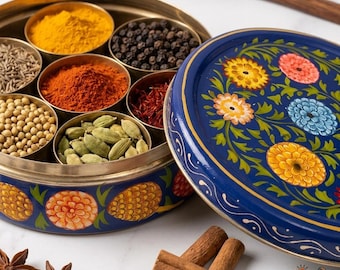 Hand Painted Masala Dabba Spice Tin, Indian Spice Box Organizer, Curry Lover Gift, Unique Kitchen Decor, Housewarming Gift