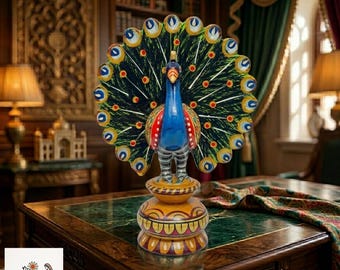 Hand‑Painted Kadam Wood Peacock Sculpture – 5″ Folk Art Indian Home Décor Figurine