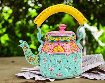 Hand-Painted Indian Tea Kettle: Mughal Art Floral Aluminum Teapot