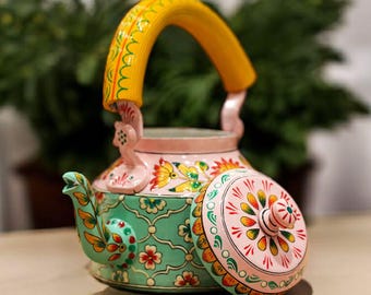 Hand-Painted Indian Tea Kettle: Mughal Art Floral Aluminum Teapot
