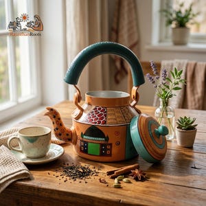 May include: A hand-painted orange metal tea kettle with a teal handle and lid, featuring intricate patterns and a building illustration. Beside it sits a speckled ceramic teacup on a saucer, loose tea leaves, and a small succulent in a pot.