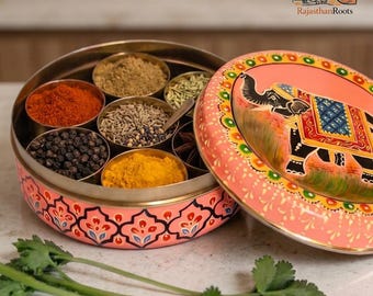 Masala Dabba Spice Organizer, Hand Painted Spice Tin, Gift for Cook, Home Chef Kitchen Storage, Spice Container Set