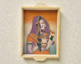 Hand-Painted Wood & Glass Serving Tray: Rajasthani Folk Art