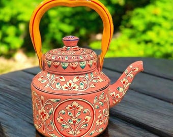Hand-Painted Peach Tea Kettle – Floral Indian Folk Art Decor