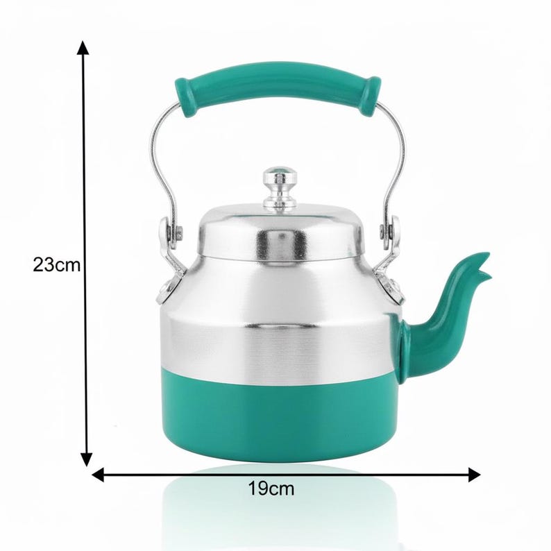 May include: A silver and teal kettle with a curved handle and spout. The kettle features a metallic silver upper body and a solid teal lower base. Dimension arrows indicate a height of 23 cm and a width of 19 cm, providing clear scale.