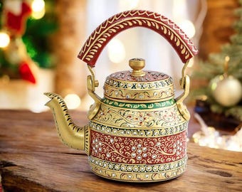 Hand Painted Indian Tea Kettle | Mughal Art Steel Christmas Teapot