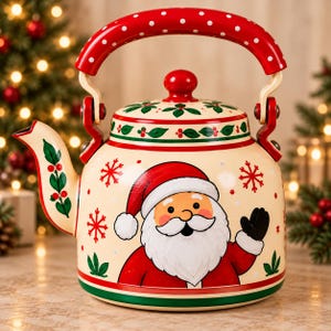 May include: A cream-coloured tea kettle featuring a festive Santa Claus illustration, red snowflakes, and holly leaf accents. The kettle has a bright red handle with white polka dots, a matching lid, and a red and green base trim design.