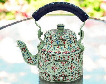 Hand Painted Tea Kettle: Mughal Art Inspired Aluminium Teapot