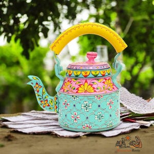 Hand-Painted Indian Tea Kettle: Mughal Art Floral Aluminum Teapot