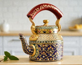 Hand Painted Indian Tea Kettle: Mughal Art Aluminum Chai Pot